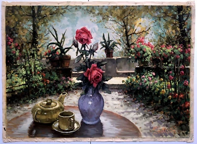 "Giardino Fiorito (jardín con flores)" óleo sobre lienzo artista: Mario Battistini  Foto 1 de 4