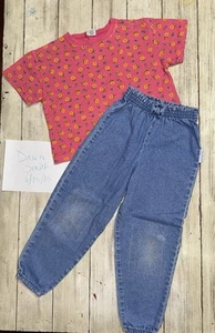 90s Vintage Healthtex Paper Bag Jeans & Floral Boxy Tee Girls Size 6 - Picture 1 of 7