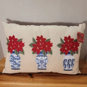 Linen Poinsettia Vases Throw Pillow St. Nicholas Square 14x20 Red Back - Picture 1 of 9
