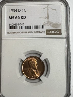 1934 D Lincoln centavo de trigo MS 66 RD - Imagem 1 de 3