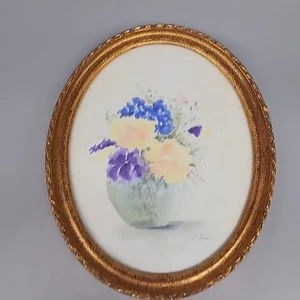 Vintage Floral Botanical Watercolors Painting Oval Gold 11x9" Frame Signed James - Picture 1 of 6