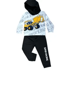 3yr Boys Construction Super Racing Hoodie Pant Set Black Kids - Picture 1 of 5
