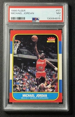 Tarjeta de novato Michael Jordan PSA 7 1986-87 Fleer Baloncesto #57 RC Bulls casi como nueva Foto 1 de 2