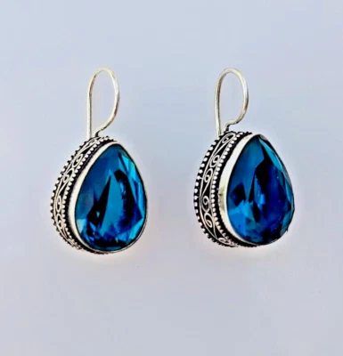 Blue Topaz Earring 925 Sterling Silver Handmade Unic Design Gemstone Jewelry - Image 1 of 4