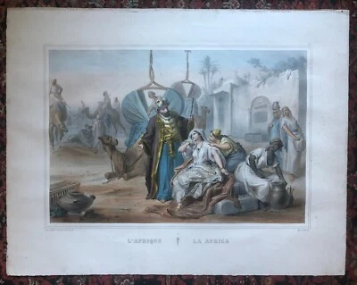 Grande Lithographie XIXème Aquarellée Orientaliste - L'Afrique - La Africa - Photo 1/4