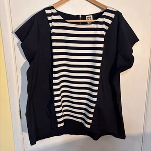 Anne Klein Womens Blouse 3XL Cap Sleeve Round Neck Blue/Stripes High-low - Picture 1 of 9