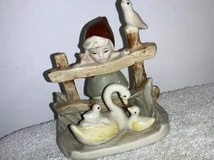 Vintage Porcelain Figurine- Girl Peering Over A Fence at Geese/ swan - Picture 1 of 6