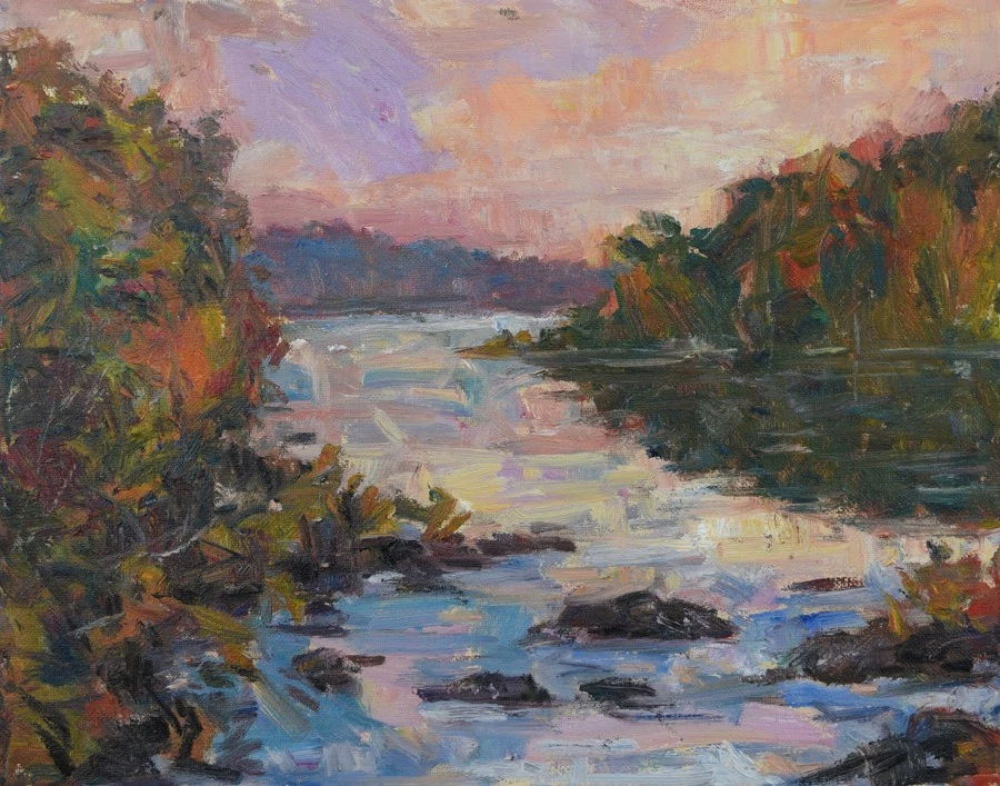 Arte Original Pintura al Óleo RM Mortensen "Meditación Matutina" Paisaje Cielo Río Foto 1 de 1