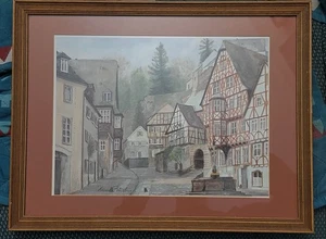 Mattierter und signierter Vintage Hans Potrebny Aquarelldruck, Miltenberg, Germany. - Bild 1 von 13