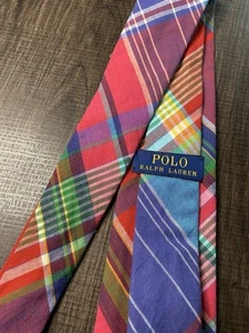 Vintage Polo Ralph Lauren Neck Tie Madras Plaid Cotton Handmade In Italy - Picture 1 of 7