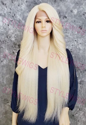 Peluca rubia clara extra larga recta encaje frontal calor OK mezcla cabello humano EVFA Foto 1 de 4