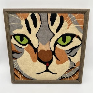 Vintage Needlepoint Tabby Cat Green Eye Wall Art Framed Kitten Kitty 16" Square - Picture 1 of 8