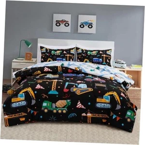 Trucks Tractors Cars Boy Bedding Comforter Set with Sheets Size Twin Black - Picture 1 of 7
