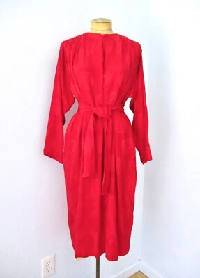 Vtg 80s Christel red silky dress rose brocade belt ruched shoulders pockets 8 Foto 1 de 4