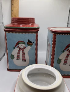 (2)Sakura Debbie Mumm Christmas Snowman MiniCanister Cookie Jar Coffee Canister - Picture 1 of 8