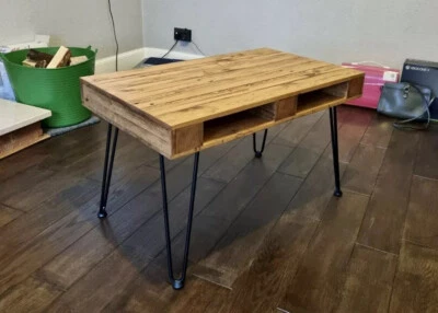 Handmade Rustic Coffee Table Made Of Recycled Reclaimed Wood Hairpin Legs Shelf - Image 1 of 4