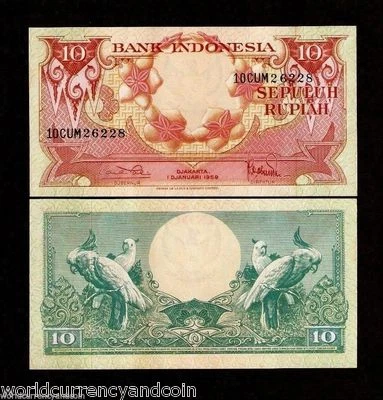 INDONESIA 10 RUPIAH P66 1959 x 100 PCS LOT BUNDLE COCKATOO FLOWER UNC MONEY NOTE - Image 1 of 2