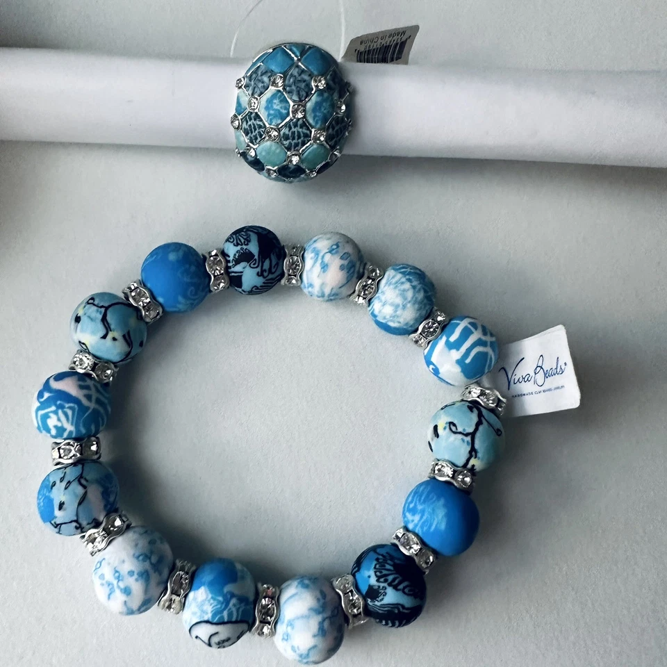 Коренастый серебряный ручной работы мяч эластичной браслет и кольцо комплект новый с Ярлыками - Изображение 1 из 1