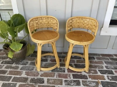 Vintage Rattan Swivel Barstools Bamboo Boho Bentwood Coastal Beach Wicker - Image 1 of 4