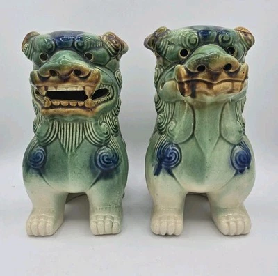 Pair of Mid-Century Ceramic Foo Dogs Green Blue Brown 9.5" Inch Tall - Image 1 of 4