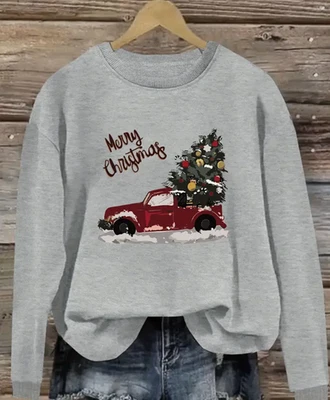 Women's Merry Christmas Sweatshirt - Christmas Tree & Red Truck Print Sweatshirt - Image 1 of 4