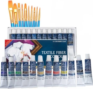 Permanent 12 Colors Fabric Paint Set for Clothes with 10 Pces Brush - Picture 1 of 7