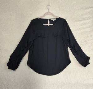 Loft Women Top Small Black 100% Polyester Long Sleeve Ruffle Casual Blouse Fit - Picture 1 of 17