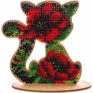 DIY Bead Embroidery on wood kit "Cat ornament Poppies" - Picture 1 of 4