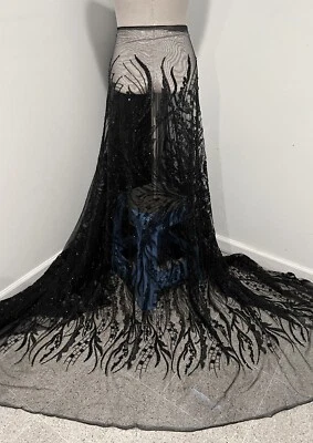 BLACK  Beaded Rhinestone Embroidery Bridal Lace Fabric 50” Width 1 Yard - Image 1 of 4