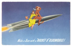 Make a Date ROCKET 8 OLDSMOBILE Rocket Ship Couple RARE ca1950 Promo AD Postcard - Picture 1 of 2