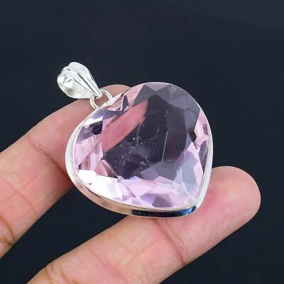 Colgante de joyería de plata de ley 925 regalo piedras preciosas corazón kuncita rosa 1,7" VJ 843 Foto 1 de 4