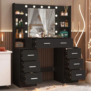 Modern Dressing Table 7 Drawers Set Makeup Mirror Vanity Desk 11 LED Bulbs Black - Picture 1 of 9
