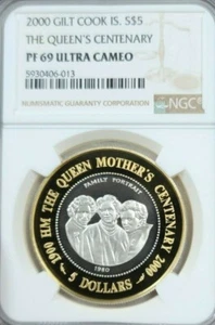 2000 COOK ISLANDS SILVER 5 DOLLARS QUEEN MOTHER NGC PF 69 ULTRA CAMEO TOP POP - Picture 1 of 4