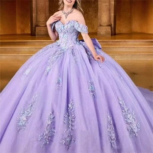 Lavendel Quinceanera Kleider 3D Blumen Applikationen Prinzessin süß 15 Abschlussball Ballkleid - Bild 1 von 10