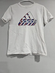adidas Kid Boy 3 Stripes Logo Graphic Regular Fit Short Sleeve Shirt White 10/12 - Picture 1 of 4