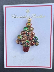 Christopher Radko Christmas Tree Red Blue Green Enamel Brooch Pin Pendant Estate - Picture 1 of 1