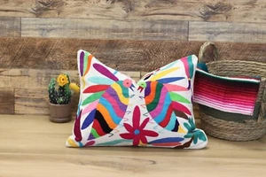 16 x 12 Inch Throw Pillow Cover, Authentic Mexican Tenango, Hand Embroidered Art - Picture 1 of 5
