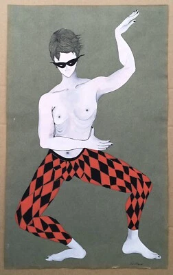 Gouache Originale Quiñones Portrait Homme Masqué Costume Mode Danse Arlequin  - Photo 1/4