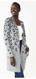NWT $60 Womens Nine West Jacquard Long Cardigan Leopard Medium Gray Cozy Sweater - Picture 1 of 3