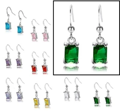 Real WHITE GOLD Finish Drop Dangle Earrings, 6mm EMERALD CUT Gems CRUISE BOXD - Image 1 of 3