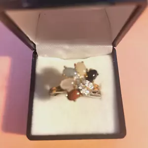 Womens Vintage 14kt Yellow Gold Over Rhodium Multi-colored Jade Ring sz 7 - Picture 1 of 6