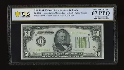 DBR 1934 $50 LGS St. Louis Fr. 2102-Hlgs SupGem PCGS-B 67 PPQ Serial H00155884A - Image 1 of 2