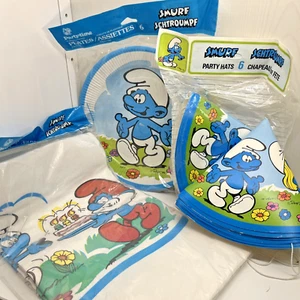 Vintage Smurf Birthday Party Supplies Table Cloth Paper plates & hats 1980s - Picture 1 of 21