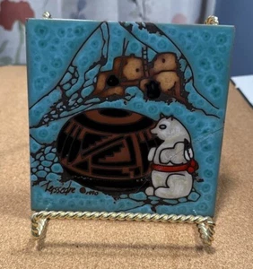 Indianer Kunst Untersetzer Fliese signiert Teissedre 1990 Terrakotta weißer Bär Cleo - Bild 1 von 3