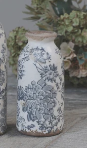 Vase Deko Flasche Keramik H 16 cm ecru blau Blumenmuster Landhaus Chic Antique - Bild 1 von 4