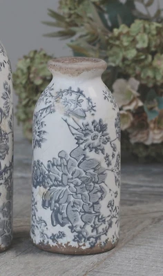 Vase Deko Flasche Keramik H 16 cm ecru blau Blumenmuster Landhaus Chic Antique - Bild 1 von 4