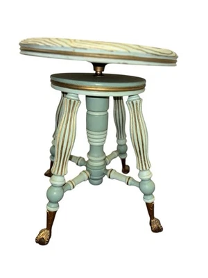 Antique Piano Bench Antique Stool Chippy Paint Claw Feet Glass Antique Bench - Image 1 of 3