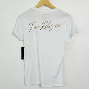 Camiseta True Religion Holograma Brillo Mujer Grande Blanco Dorado Lámina Metálica Nueva con Etiquetas - Imagen 1 de 6