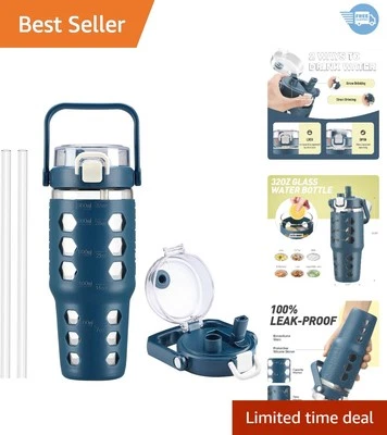 Vaso de vidrio a prueba de fugas de 32 oz con pajita - marcador de tiempo y funda de silicona - azul Foto 1 de 4