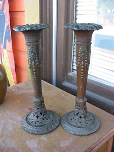 PR Antik Spelter Metall Bronze bemalt Kerzenständer 13" Swags Medaillons - Bild 1 von 11